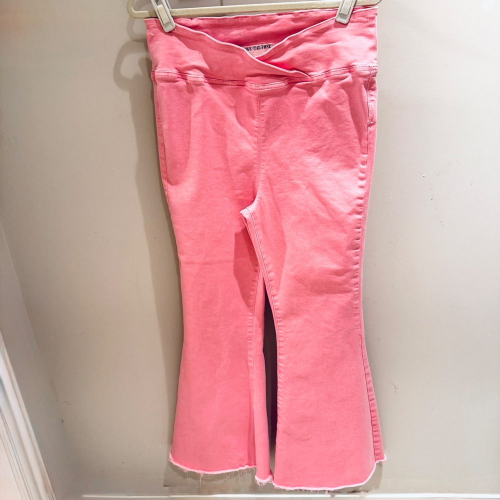 We The Free Flare Jeans Raw Hem Pink Stretch Casual Pants Size 32